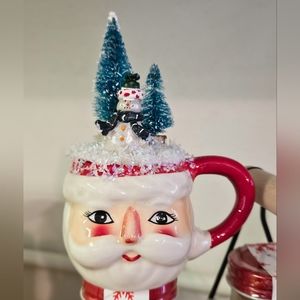Handmade vintage inspired retro Santa mug with bottle brush trees assemblage